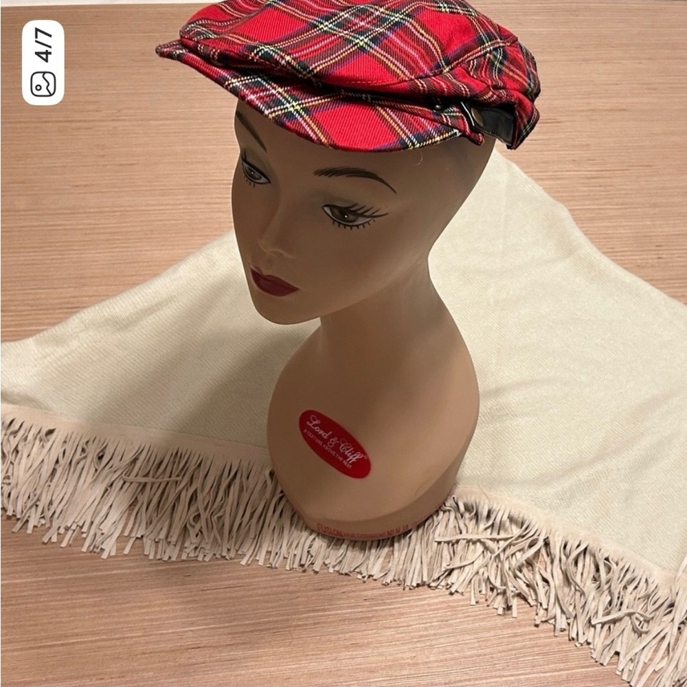 Red Plaid Women's Cap and Fringed Scarf